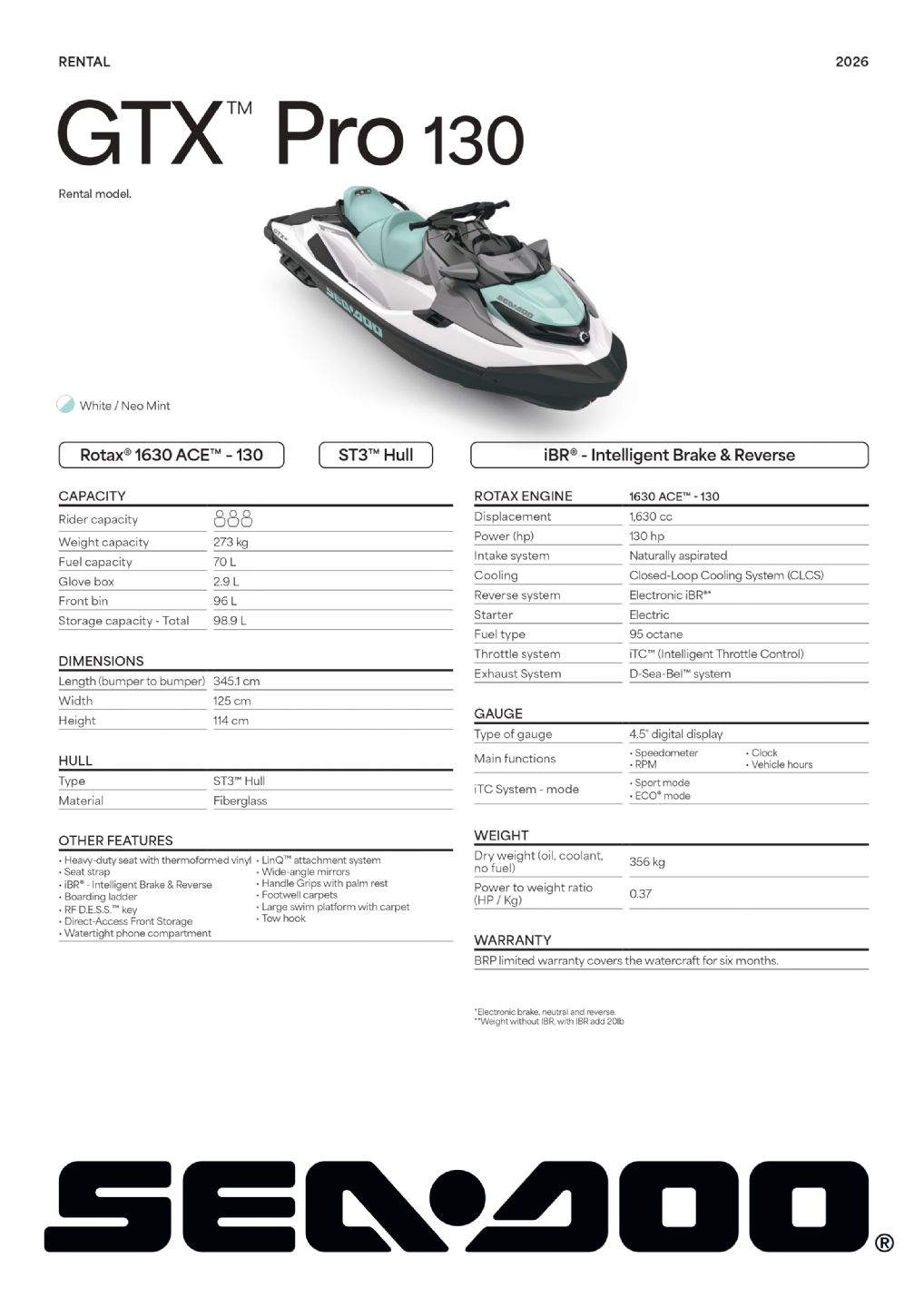 Sea-Doo GTX PRO 130 Rental iBR - WhiteNeo Mint - 2026