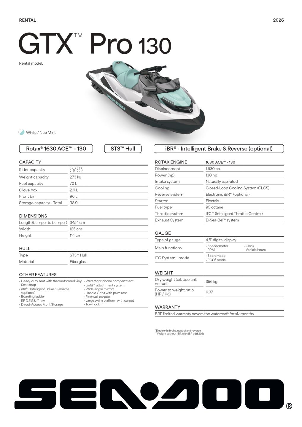 Sea-Doo GTX PRO 130 Rental no-iBR WhiteNeo Mint - 2026
